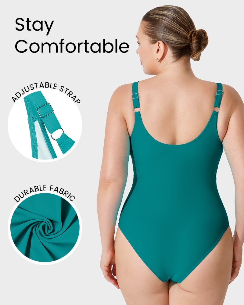 Green Shape Cross-over Shirred One Piece Swimsuit