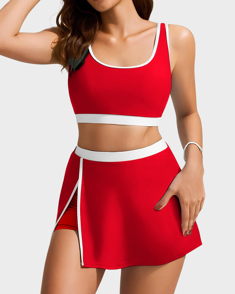 Sporty Color Block Skirted Bikini Set