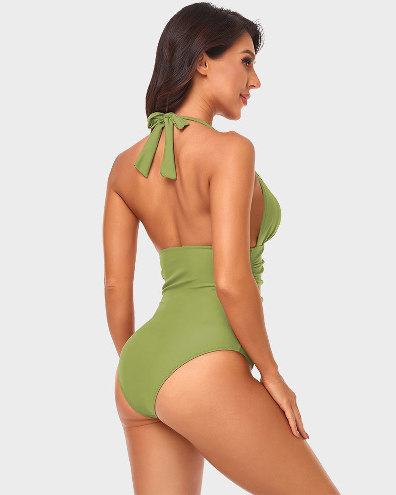 Halter Neck Deep V One-Piece Swimsuit