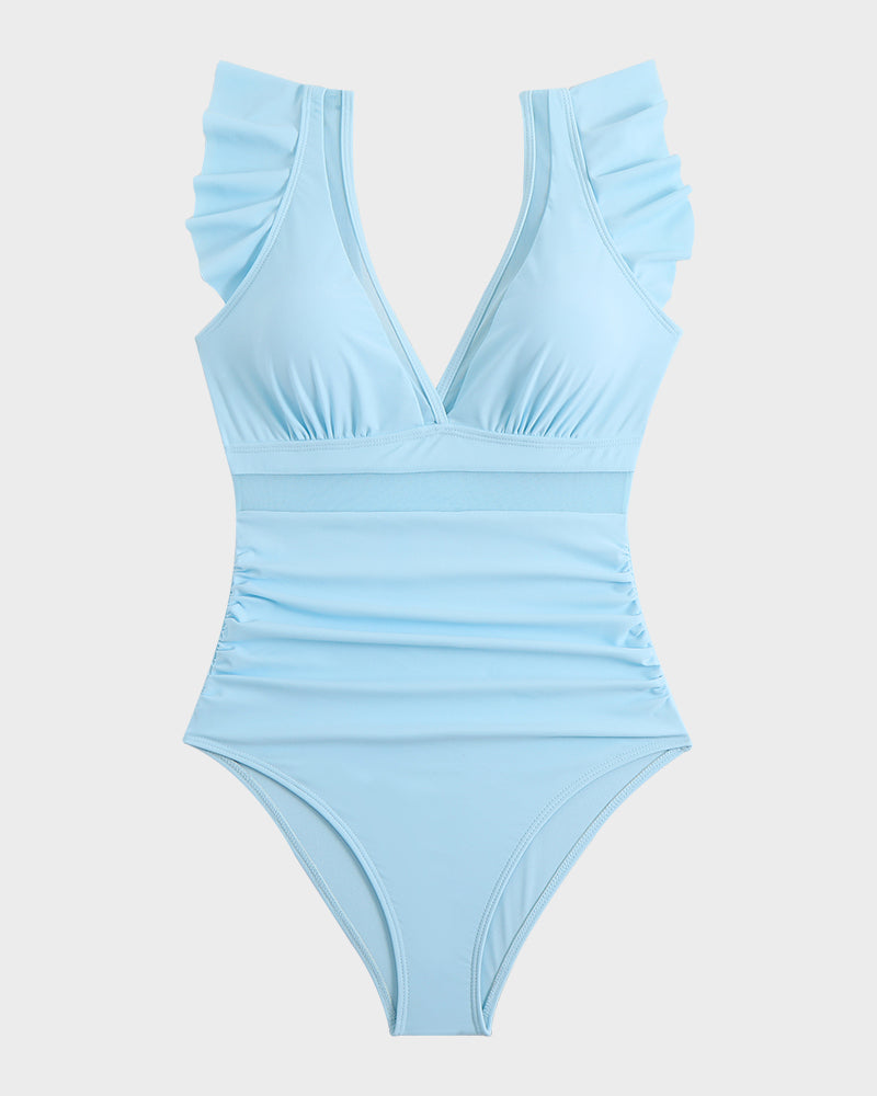 Ruffled Sleeve V-Neck Mesh Ruched Swimsuit
