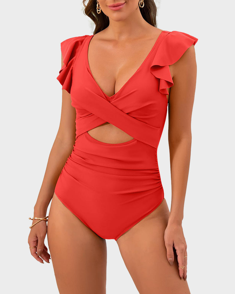 Ruffle Sleeve Cut-Out One-Piece Swimsuit