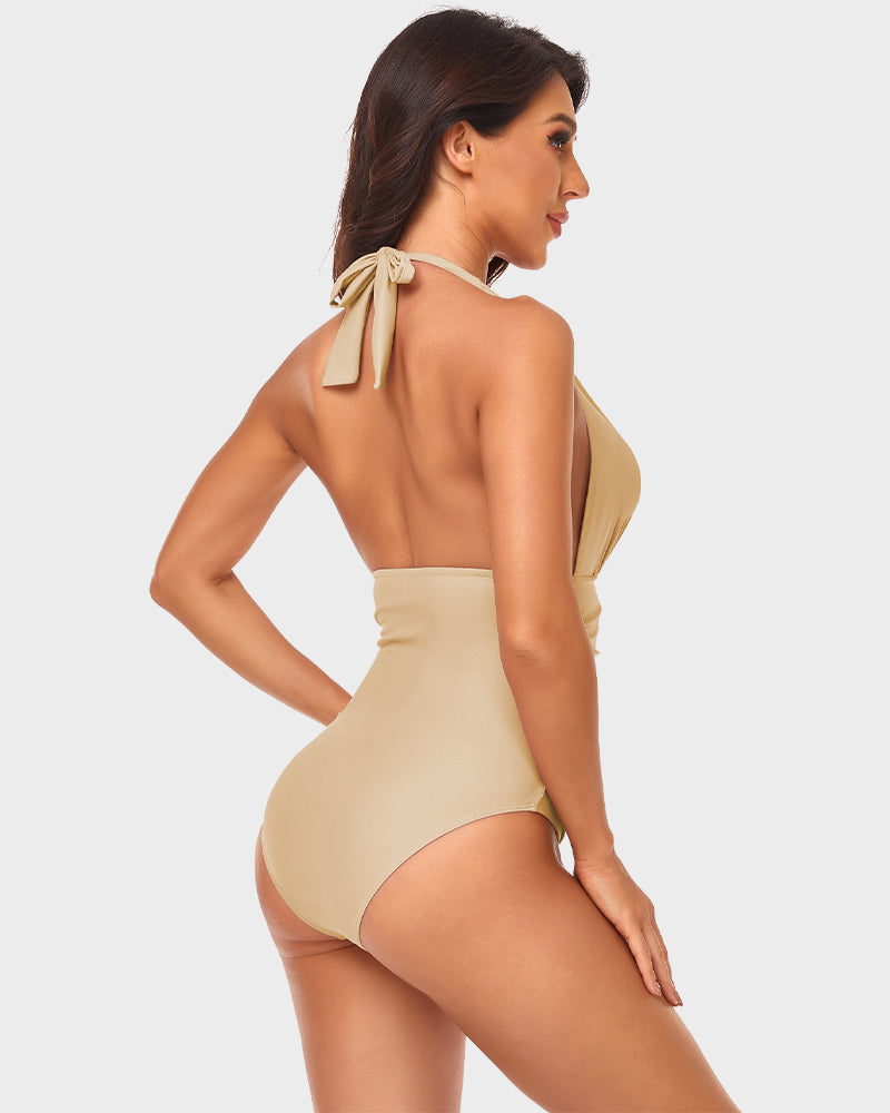 Halter Neck Deep V One-Piece Swimsuit