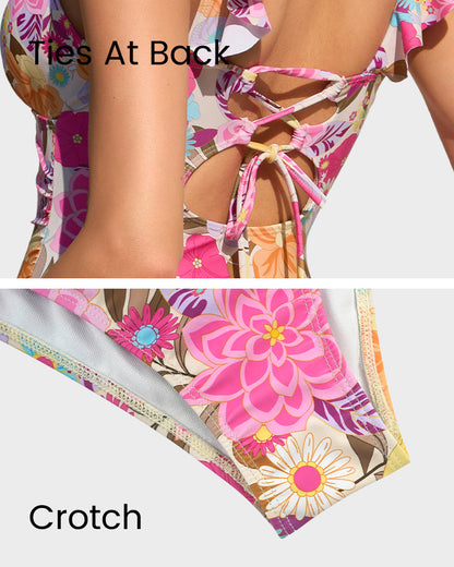 Floral Lace-Up Ruffle V-Neck Swimsuit
