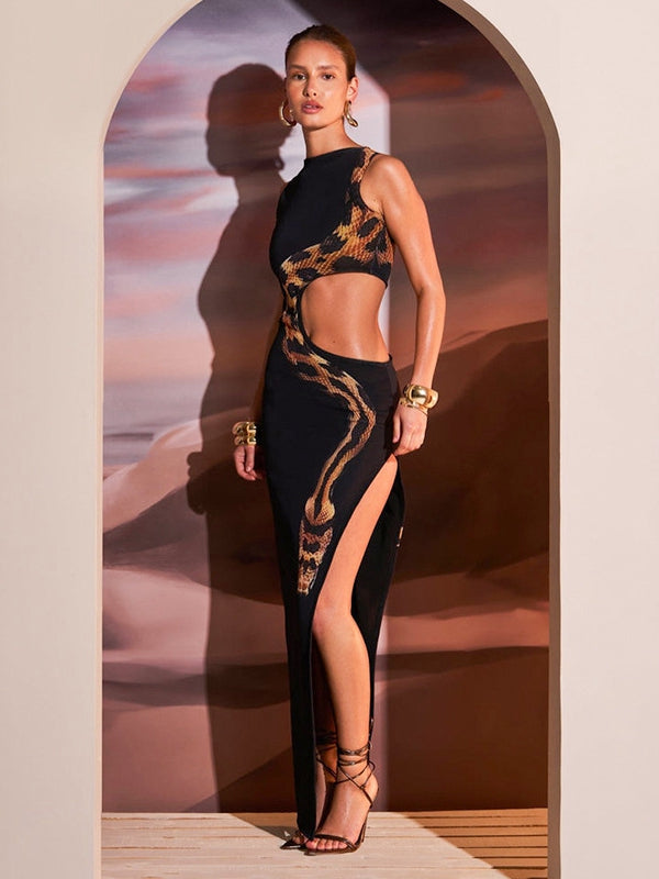 Snake Print Cutout Split Dress