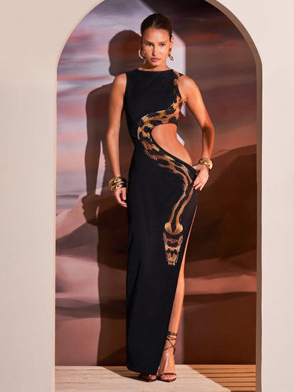 Snake Print Cutout Split Dress