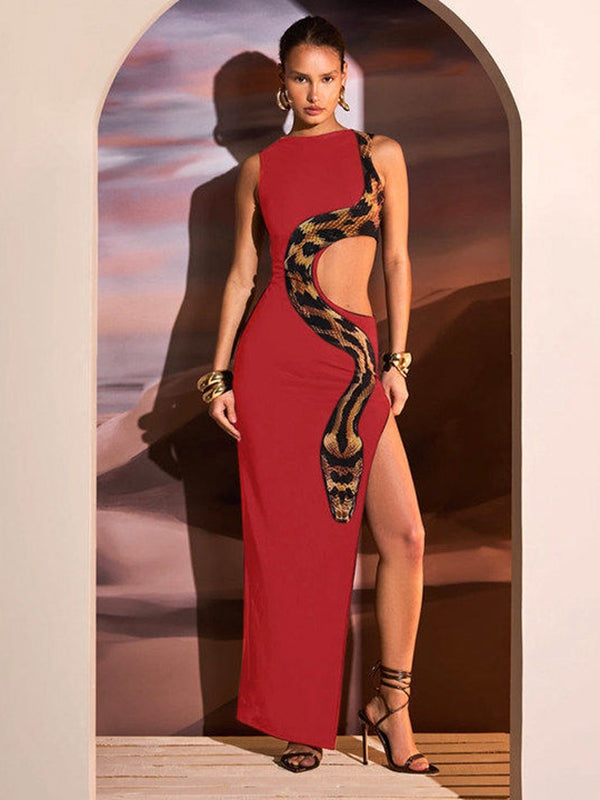 Snake Print Cutout Split Dress