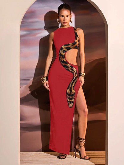 Snake Print Cutout Split Dress