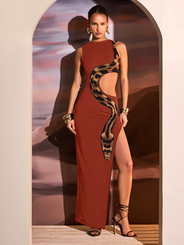 Snake Print Cutout Split Dress