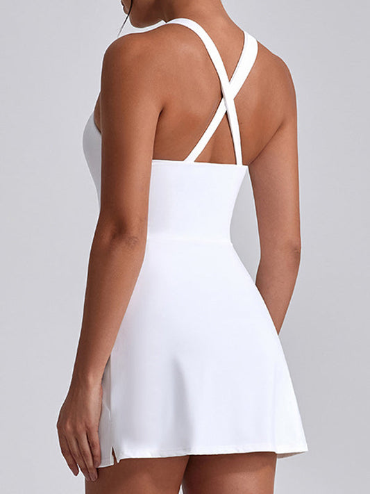 U Collar Zipper Cross Back Dress