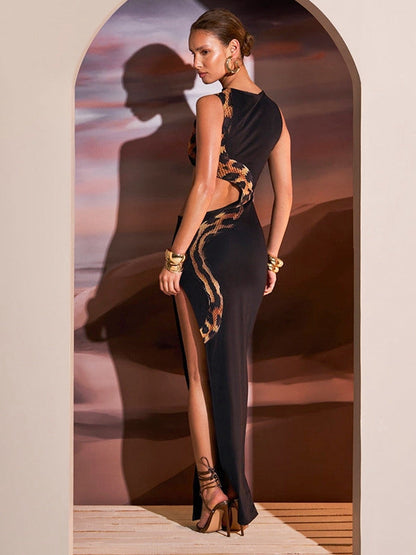 Snake Print Cutout Split Dress