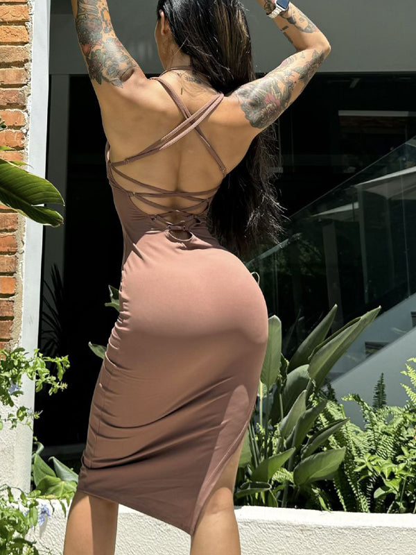 Solid Color Cross Back Hollow Out Split Dress