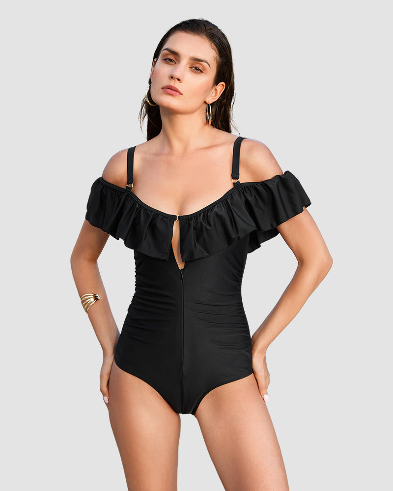 Drop-Shoulder Ruffled Shapewear Swimsuit