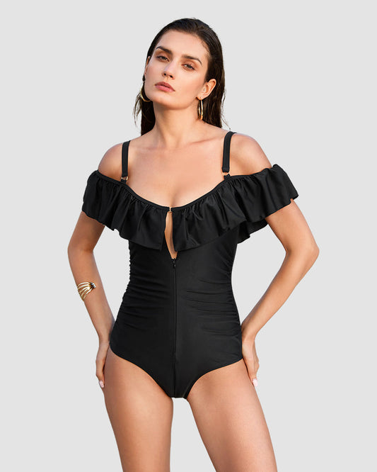 Drop-Shoulder Ruffled Shapewear Swimsuit