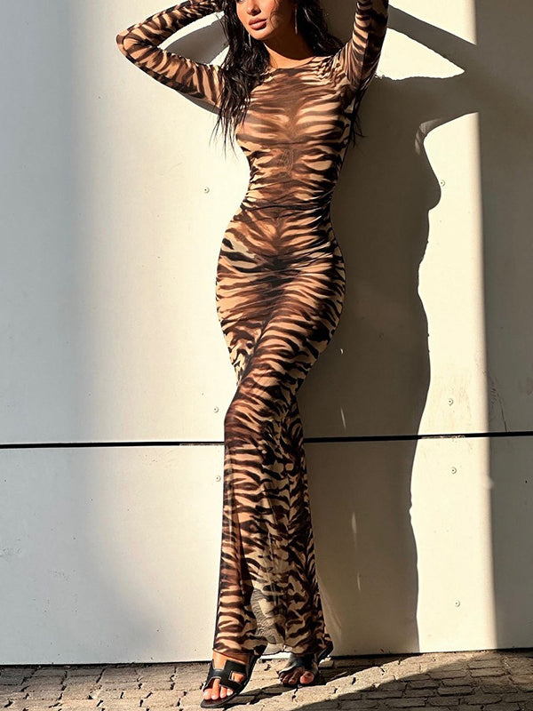 Tiger Stripe Print Round Neck Mesh Dress