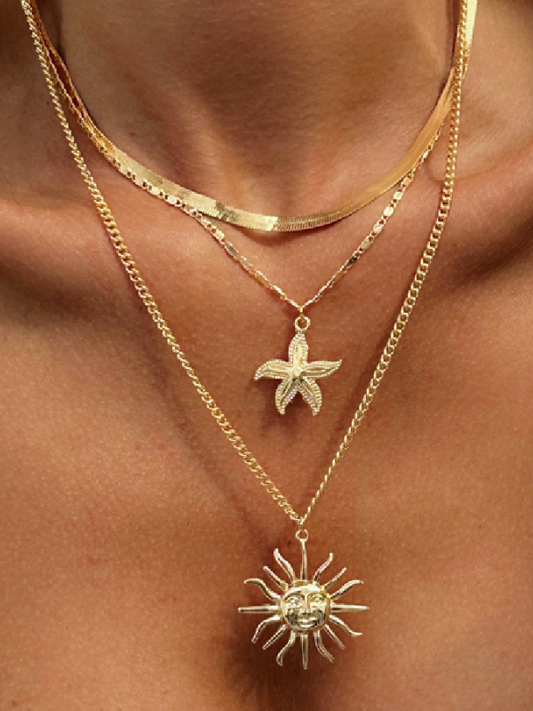 Sun Face Alloy Necklace Set - 3 Pieces