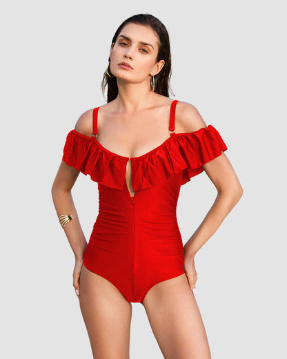 Drop-Shoulder Ruffled Shapewear Swimsuit