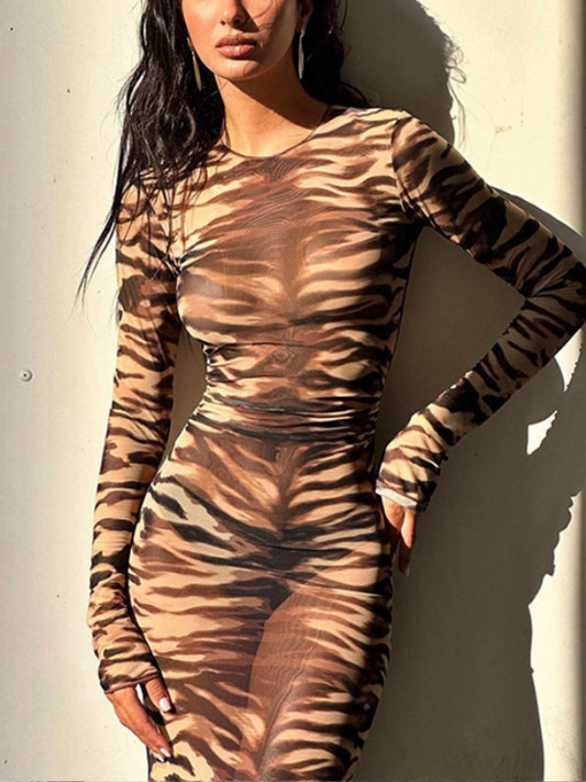 Tiger Stripe Print Round Neck Mesh Dress