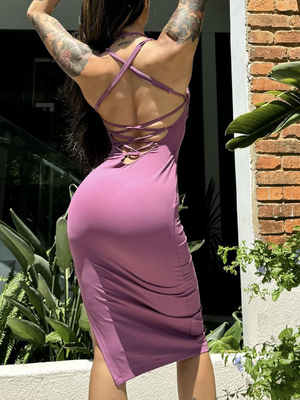 Solid Color Cross Back Hollow Out Split Dress