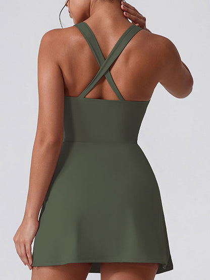 U Collar Zipper Cross Back Dress