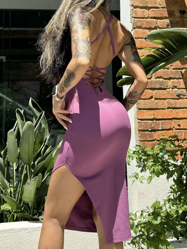 Solid Color Cross Back Hollow Out Split Dress