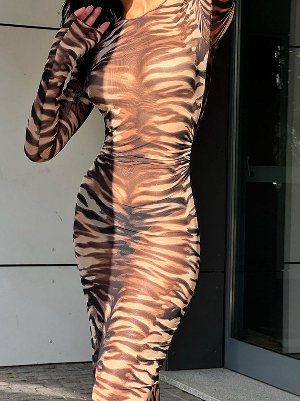 Tiger Stripe Print Round Neck Mesh Dress