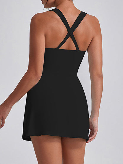 U Collar Zipper Cross Back Dress