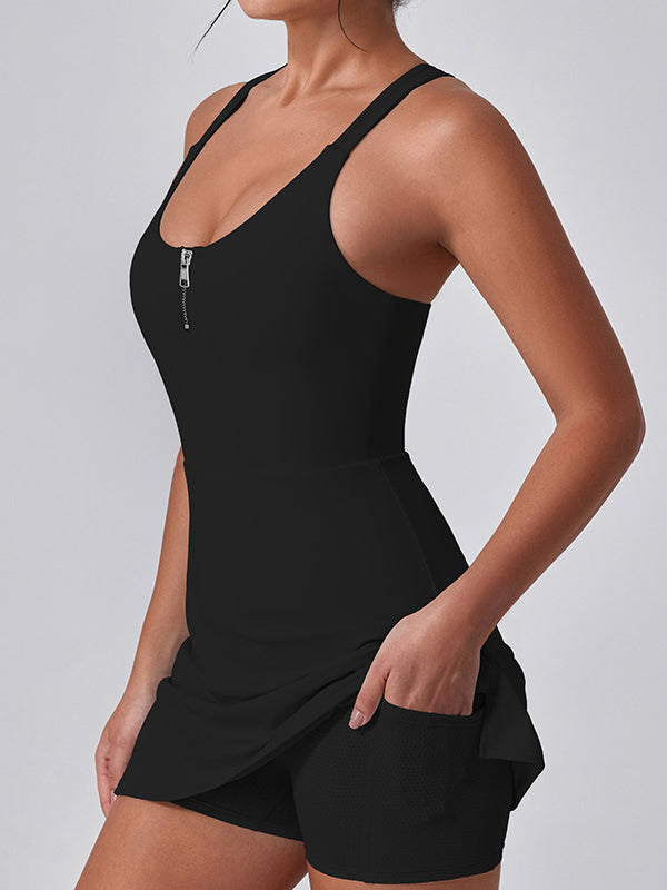 U Collar Zipper Cross Back Dress