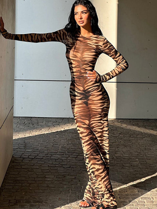 Tiger Stripe Print Round Neck Mesh Dress