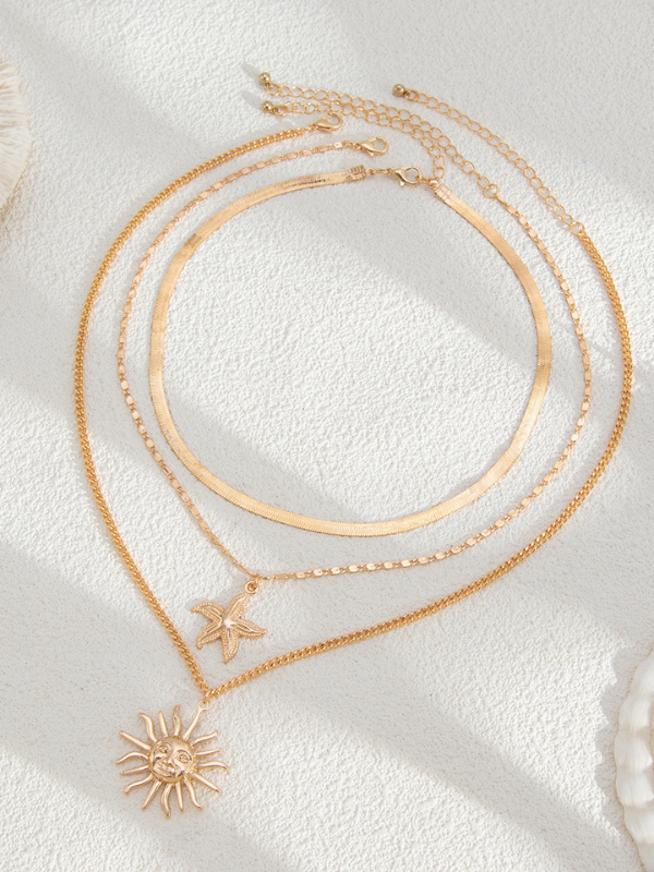 Sun Face Alloy Necklace Set - 3 Pieces