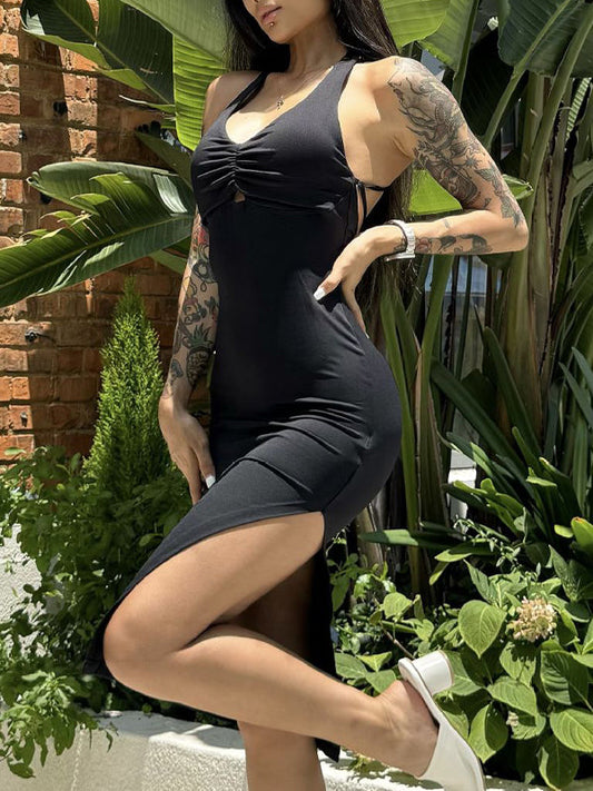 Solid Color Cross Back Hollow Out Split Dress