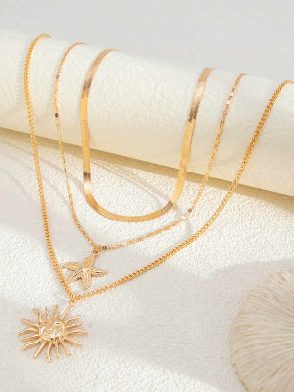 Sun Face Alloy Necklace Set - 3 Pieces
