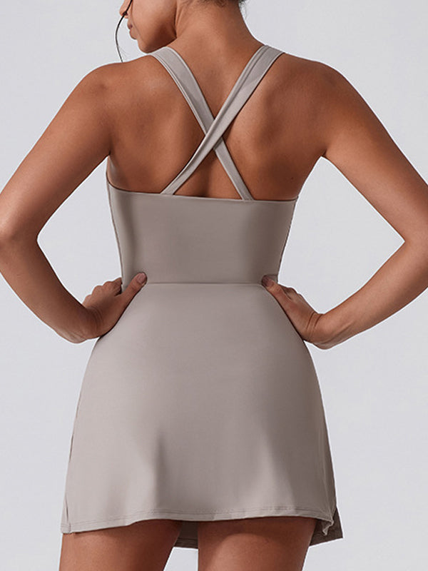 U Collar Zipper Cross Back Dress
