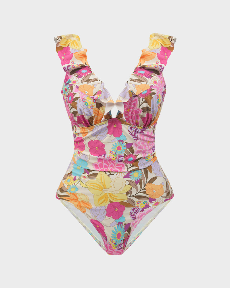 Floral Lace-Up Ruffle V-Neck Swimsuit