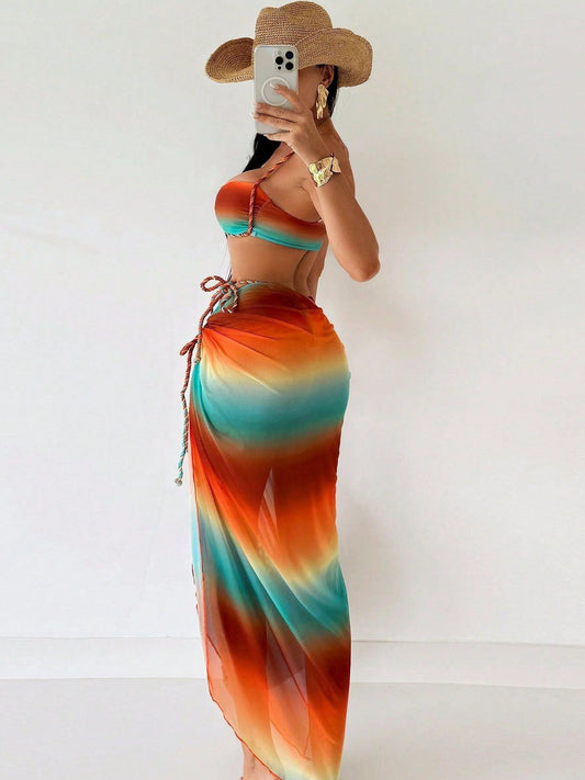 Rainbow Contrast Color 3-Pieces Bikini Set