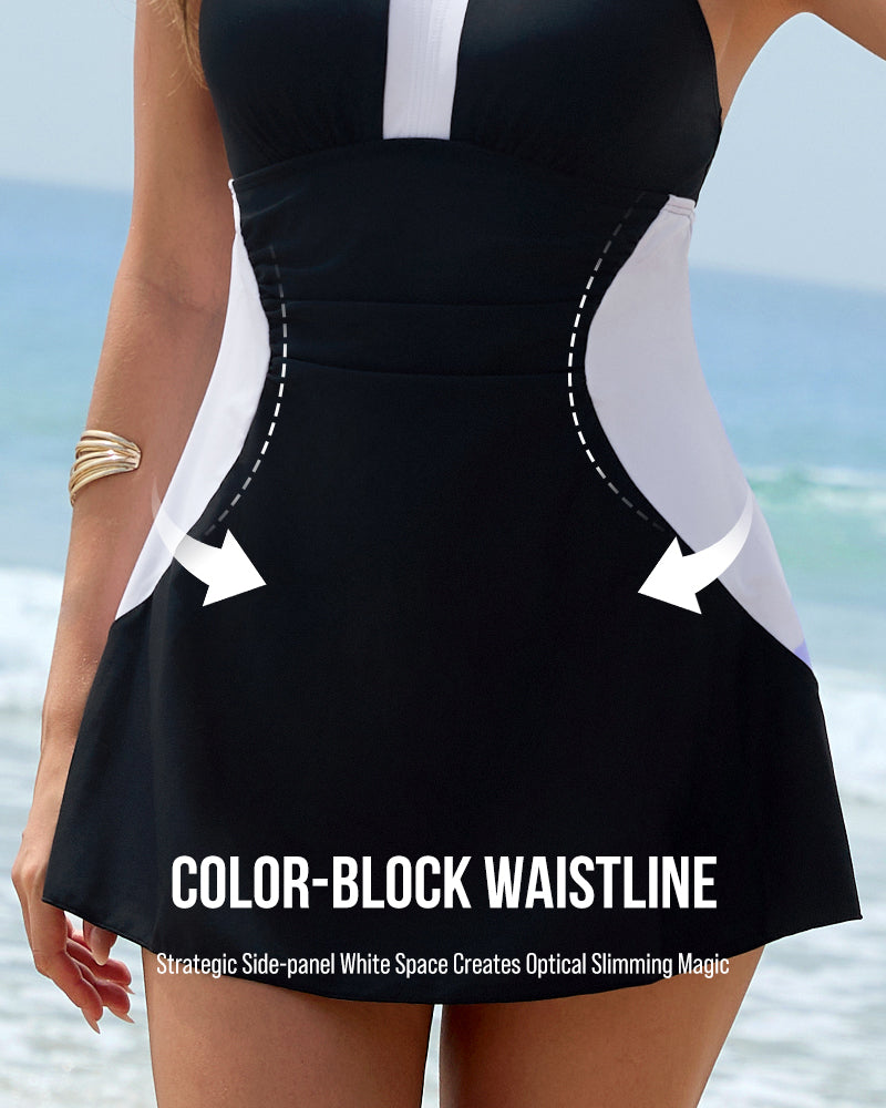 Full Coverage Retro Color Block Swimdress