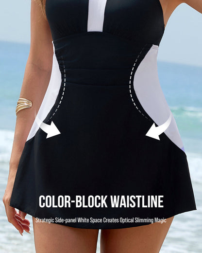 Full Coverage Retro Color Block Swimdress