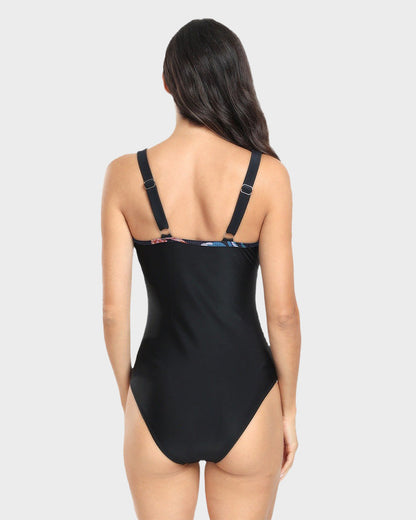 Sheer Mesh Plunge Tummy Control Swimsuit