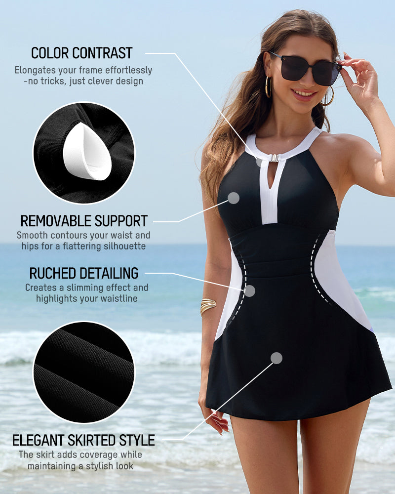 Full Coverage Retro Color Block Swimdress