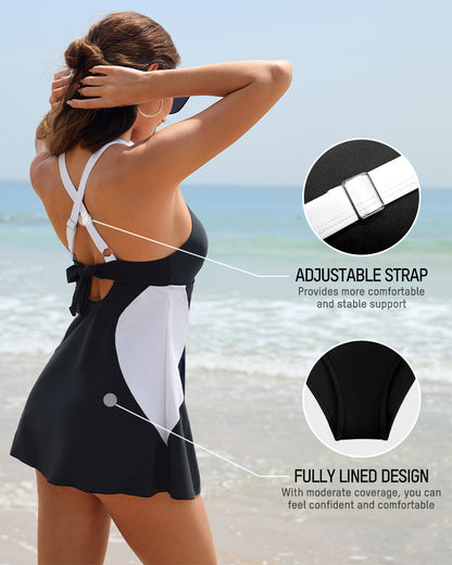 Full Coverage Retro Color Block Swimdress