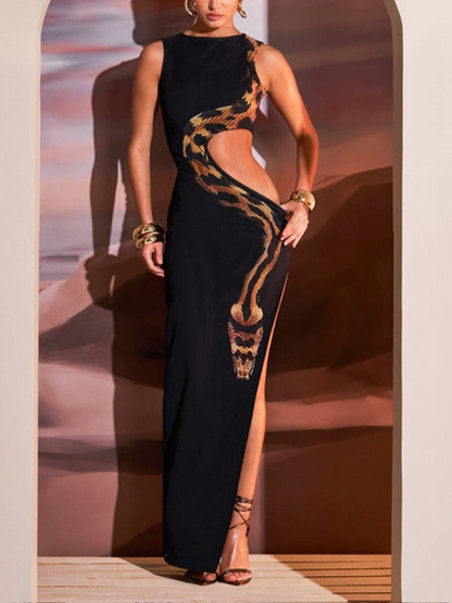 Snake Print Cutout Split Dress
