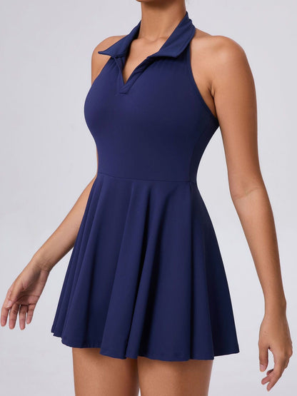 Stand up collar Backless 2 in1 Pocket Short Dress
