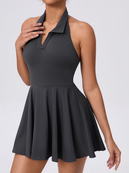Stand up collar Backless 2 in1 Pocket Short Dress