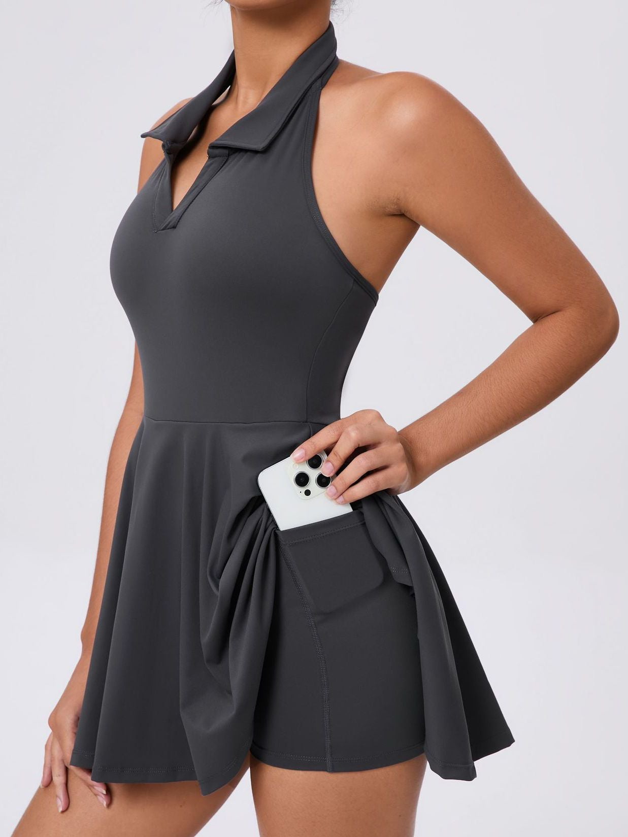 Stand up collar Backless 2 in1 Pocket Short Dress