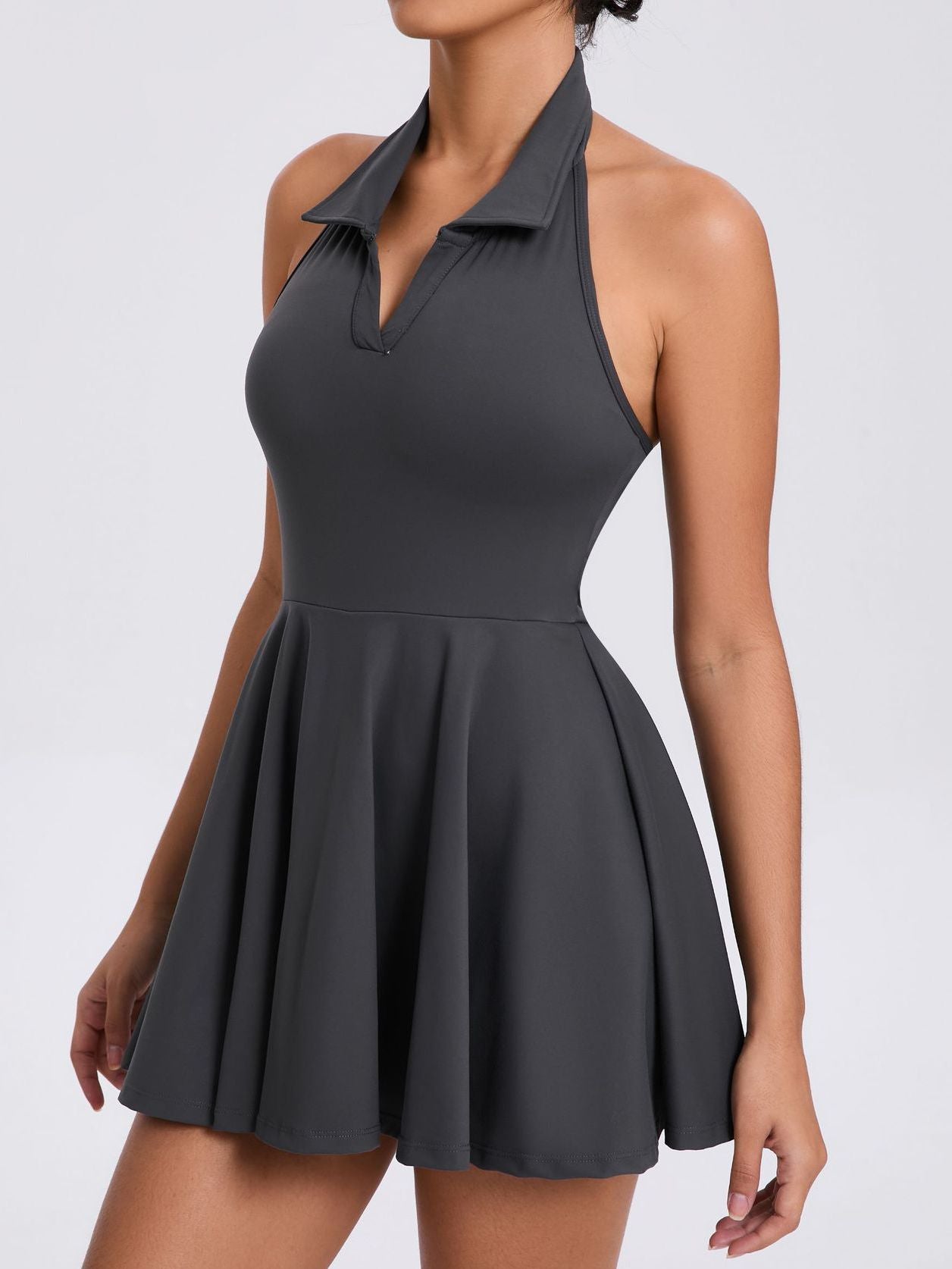 Stand up collar Backless 2 in1 Pocket Short Dress