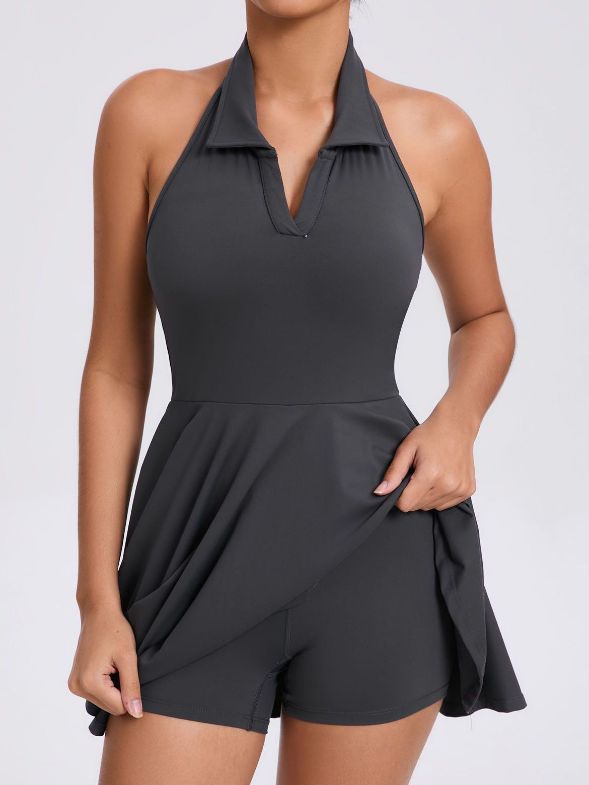 Stand up collar Backless 2 in1 Pocket Short Dress