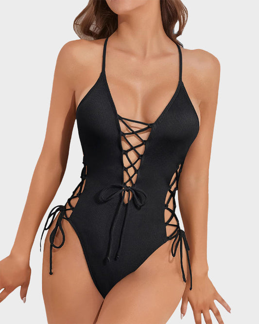 V Neck Deep Plunge Lace Swimsuit