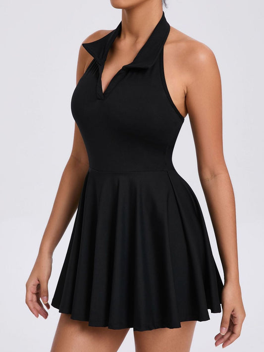 Stand up collar Backless 2 in1 Pocket Short Dress