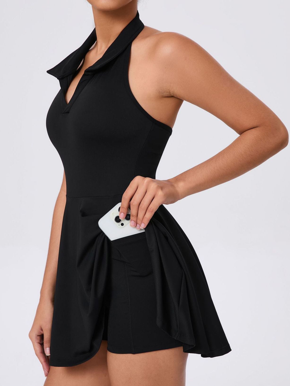 Stand up collar Backless 2 in1 Pocket Short Dress