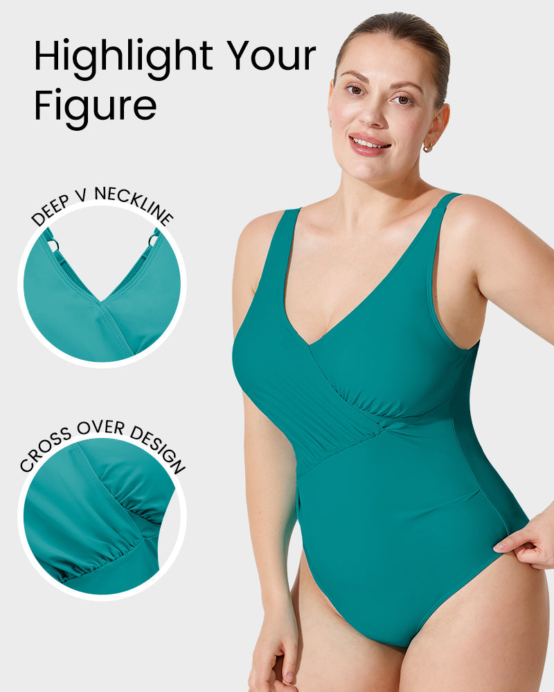 Green Shape Cross-over Shirred One Piece Swimsuit