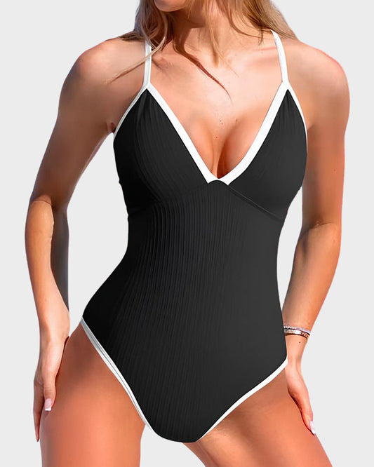Ribbed Deep V Crossback One-Piece Swimsuit